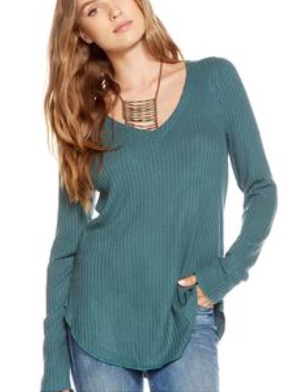 Chaser Teal Ribbed V-Neck Long Sleeve Top